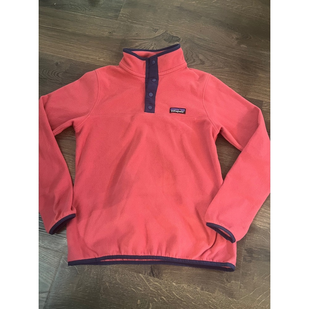 Patagonia Womens Synchilla Snap-T Fleece Pullover‎ Coral Pink Navy Blue Small
